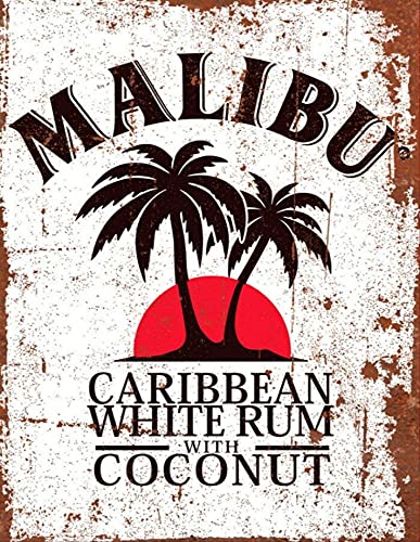 BIGBAZZA Vintage Advertising Wall Tin Plaque 20x15cm - Pub Shed Bar Man Cave Home Bedroom Office Kitchen Gift Metal Sign - Retro White Rum Malibu Beach Cocktail Coconut inspired Drink Alcohol