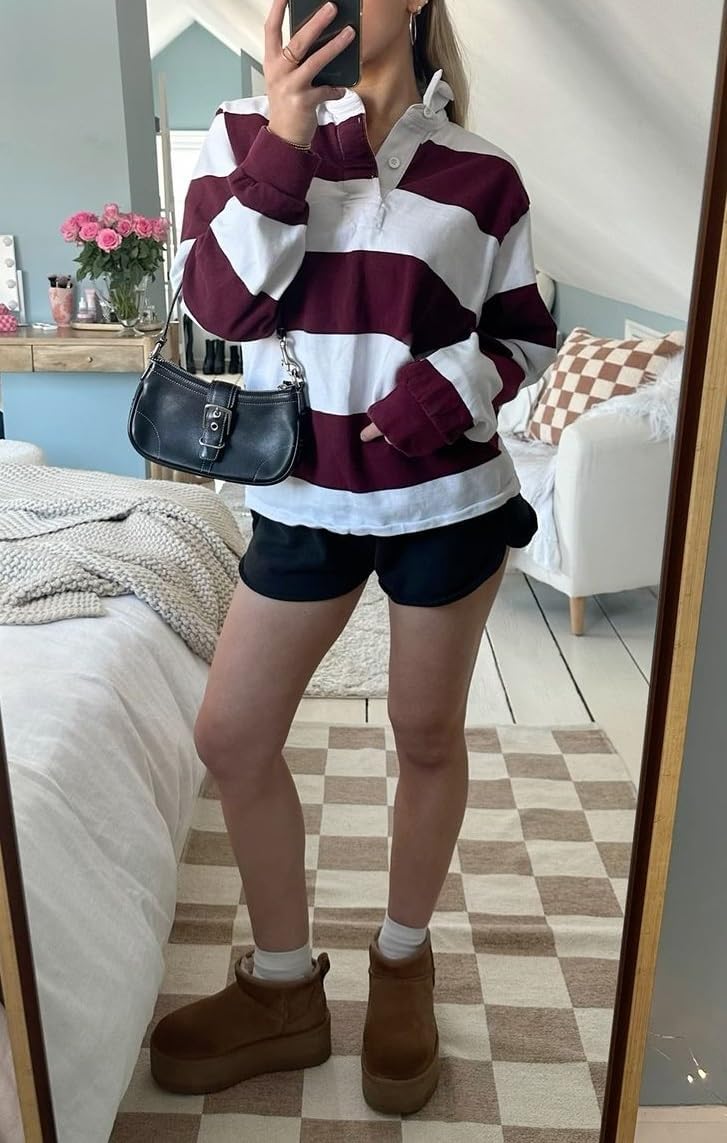 Women Striped Rugby Shirt Y2k Long Sleeve Oversized Polo Sweatshirt Vintage Collared Shirt Pullover Top Streetwear - Image 4