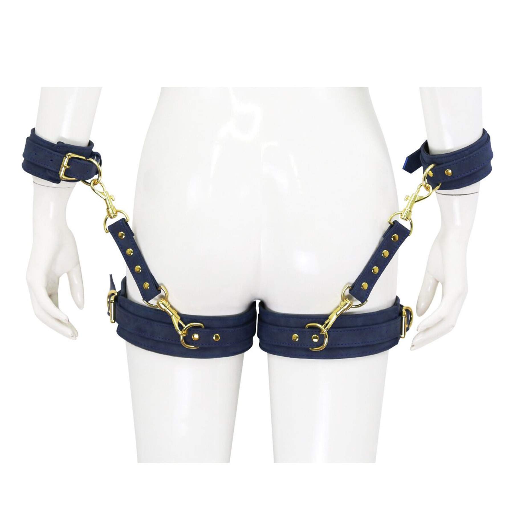 Tiger007 2020 Leather Handcuffs Leg Cuffs Exercise Bands for Home Yoga Gyms with Chain Detachable for Men Women (Handcuffs+ Leg Cuffs, Blue)