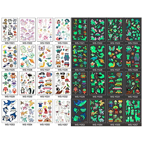 FAMIDIQGO 16 tatuajes temporales brillantes para niños, estilos mixtos, brillan en la oscuridad, pegatinas brillantes para tatuajes para niños y niñas, unicornio, dinosaurios Cover