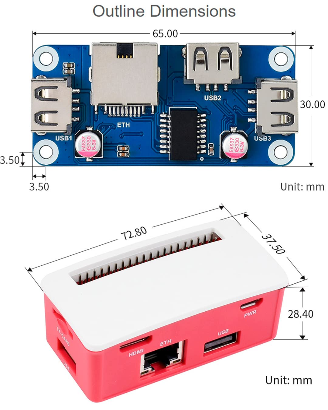 Hub Ethernet / USB HAT Boitier ABS pour Raspberry Pi Zero 2 W/Zero 2WH/Pi Zero/Zero W/Zero WH, avec 3 ports USB, compatible avec USB 2.0/1.1 et 1 port Ethernet RJ45 10/100M Auto-négociation