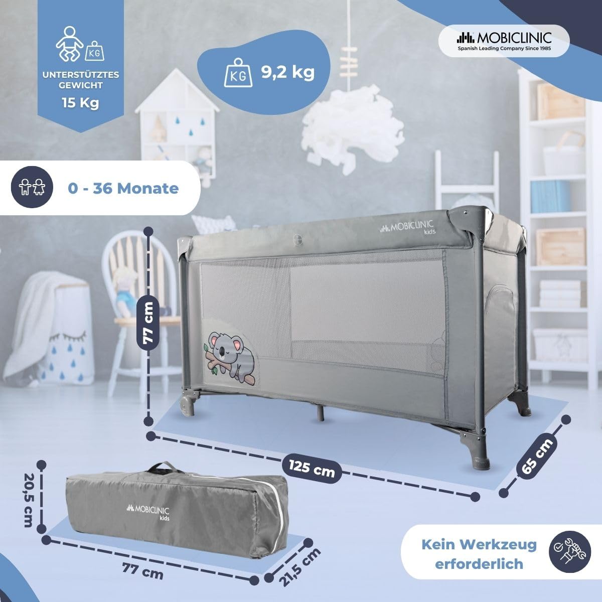 Mobiclinic®, Babybett, 2-in-1, Kinderbett und Laufstall, Faltbar, mit Tragetasche, Herausnehmbare Matratze, Reisebett, Atmungsaktives Gewebe, Seiteneingang mit Reißverschluss, Bis zu 15kg, Mofli