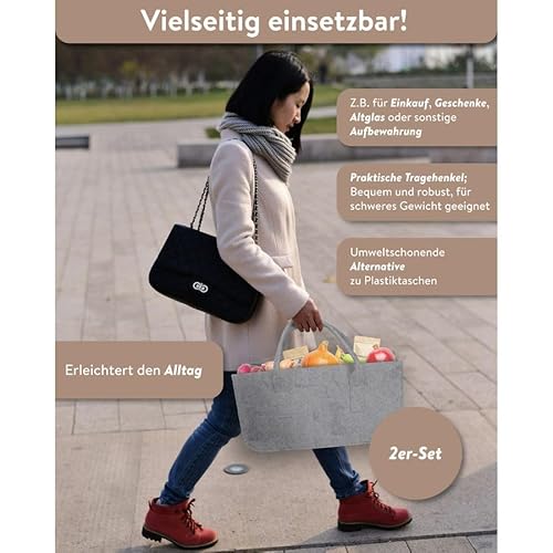 Close Up 2er Set Filztasche Kaminholztasche Filzkorb Kaminholzkorb Filz Zeitungsständer Zeitungskorb, Einkaufstasche, ca. 50 x 25 x 25 cm (Hellgrau & Dunkelgrau)