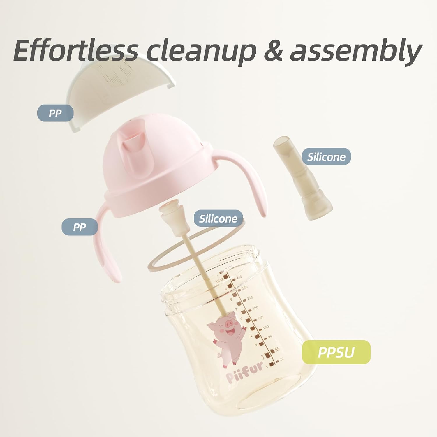 Piifur 11oz PPSU Baby Sippy Cup, Leak-Proof V-Valve Straw Cup with Replacement Straws, Easy Clean Toddler Training Cup for 6-36 Months (Pink)