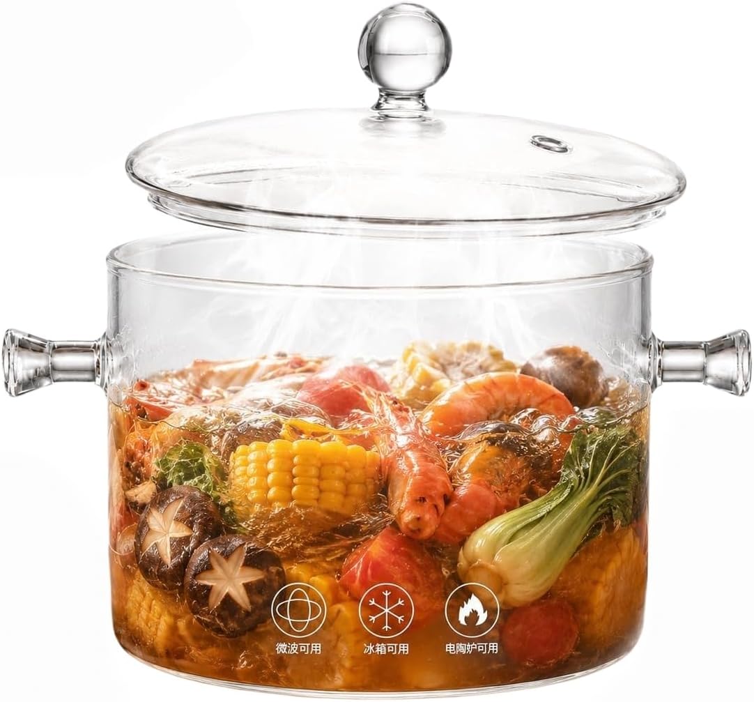 Clear Glass Potpourri Simmer Pot and Cookware for Cooking Stews Hot Beverages Noodles Milk Baby Food Spices, Borosilicate Glass Saucepan Stove Top Boiling Pot and Pan with Lid, Heat Resistance, 1.5L