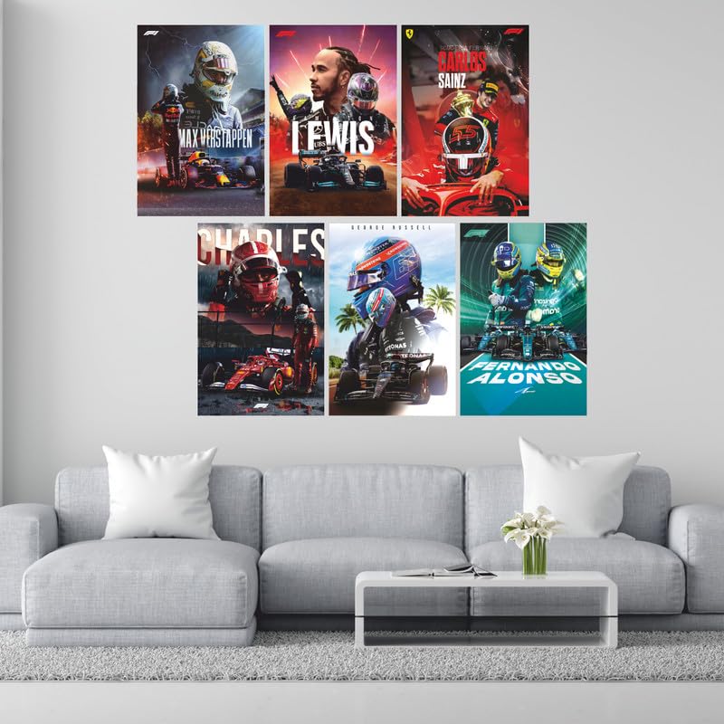 Image of POSTERONN Formula One F1 Wall Posters Pack of 6 A4 8x12 Inch | Premium Racing Car Prints | Motorsport Wall Art for Bedroom Living Room Office Gaming Room | Includes Glue Dots Decor