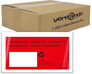 versando 1000 Lieferscheintaschen DIN lang selbstklebend Dokumententaschen Begleitpapiertaschen rot/schwarz bedruckt: "Lieferschein/Rechnung"