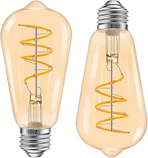 Vintage LED Edison Bulbs 60W Equivalent, 2200K Amber Light Bulbs | Dimmable 6W E26 ST58 Warm White Antique Spiral Decorative LED Filament Bulb for Home, Bedroom, Farmhouse, 2 Pack