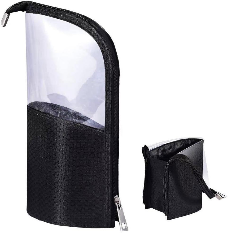 Black Travel Makeup Brush Holder, FIYUK Pencil Pen Case Organizer Bag Cosmetic Zipper Pouch Portable Waterproof Dust-Free Stand-Up Toiletry Stationery Bag with Divider
