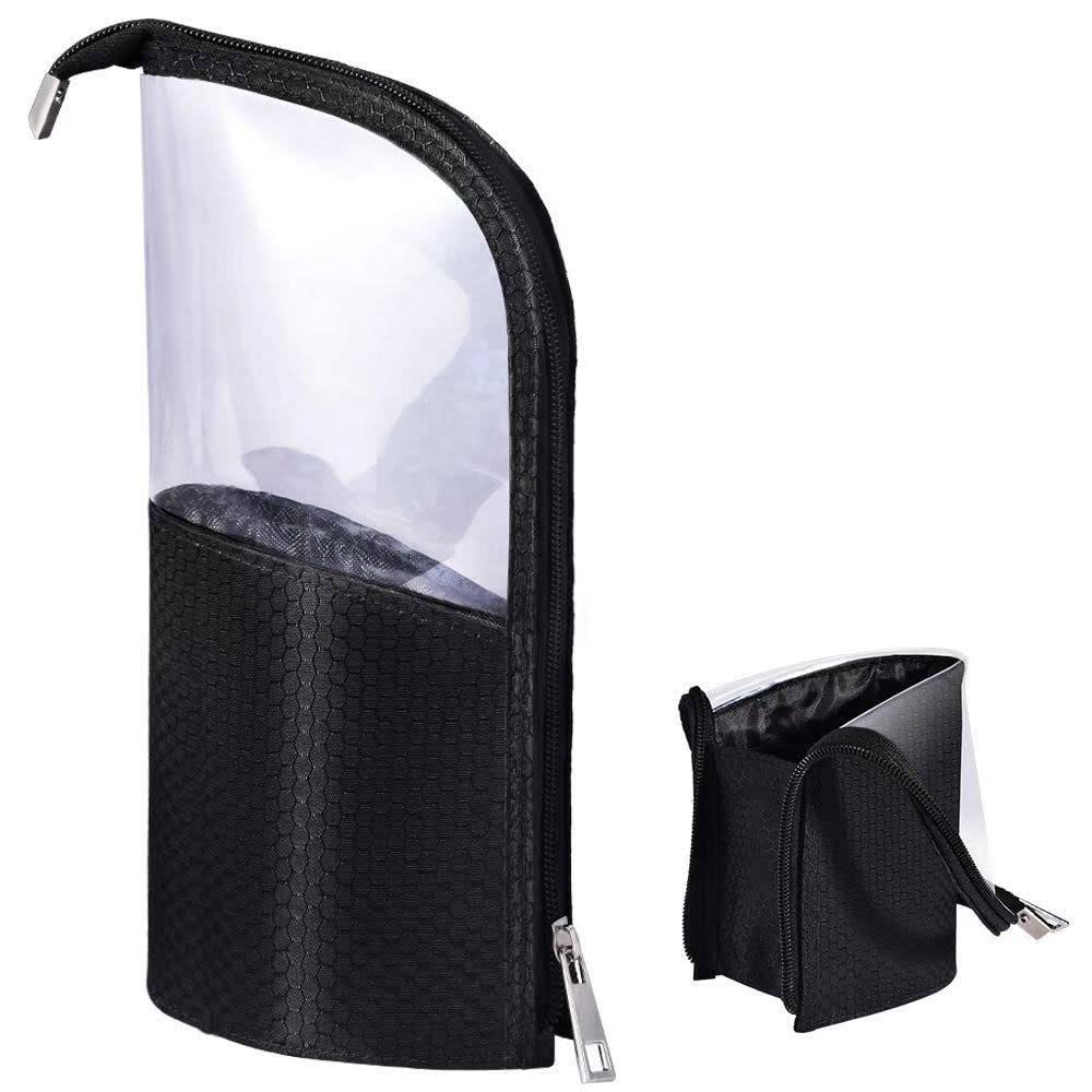 Black Travel Makeup Brush Holder, Organizer Bag Cosmetic Zipper Pouch Portable Dust-Free Stand-Up Toiletry Stationery