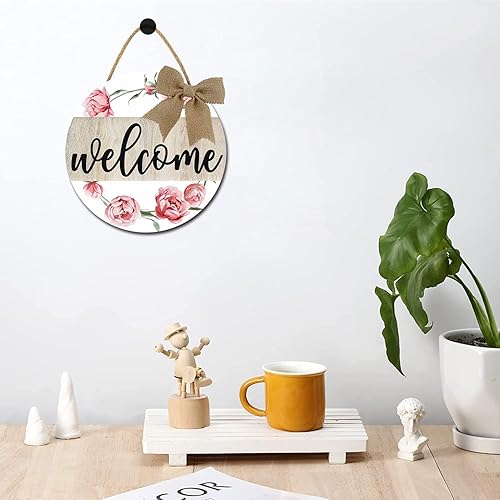 Miniatura 4 de Letrero de bienvenida de madera rústica, redondo de 12 pulgadas, rosa y marrón, tema de flores, colgante con colgador de cinta de arpillera