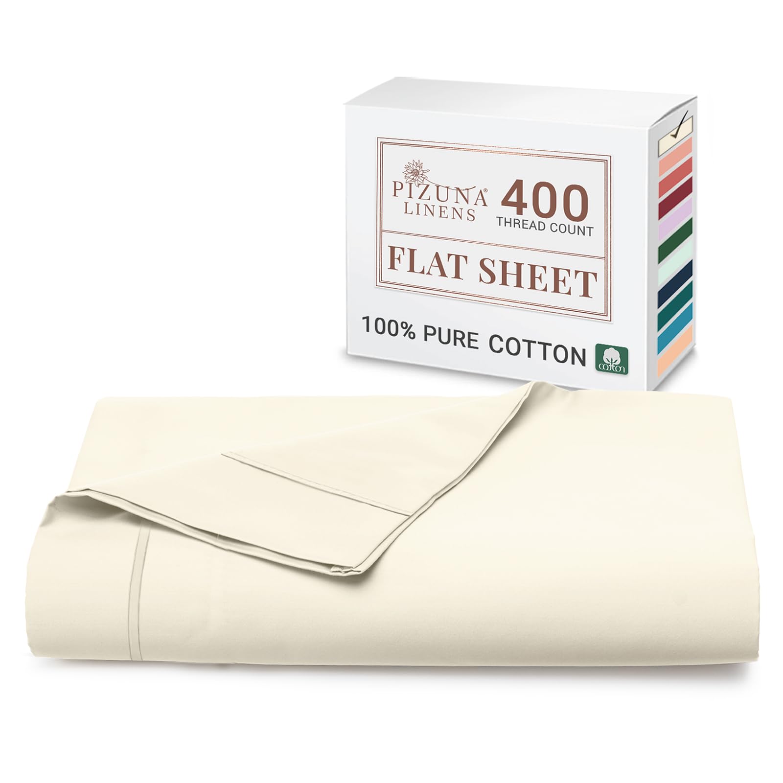 Pizuna New Ivory 100% Cotton Flat Sheets Double Ivory, 400 Thread Count Long Staple Cotton Bed Sheets Double 230X280 Cm, Soft Sateen Weave Top Sheet Double