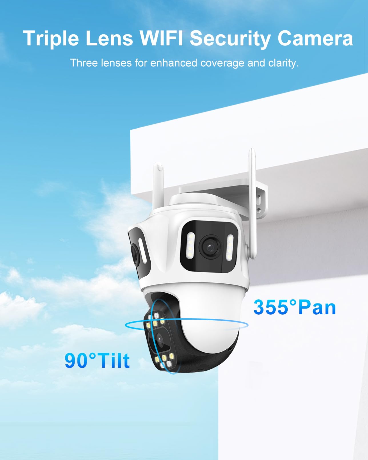 Telecamera di sicurezza esterna wireless a tre obiettivi da 9 MP, Pan/Tilt a 360°, WiFi 2,4 GHz, rilevamento del movimento AI, registrazione 24/7, visione notturna, audio a 2 vie, IP66