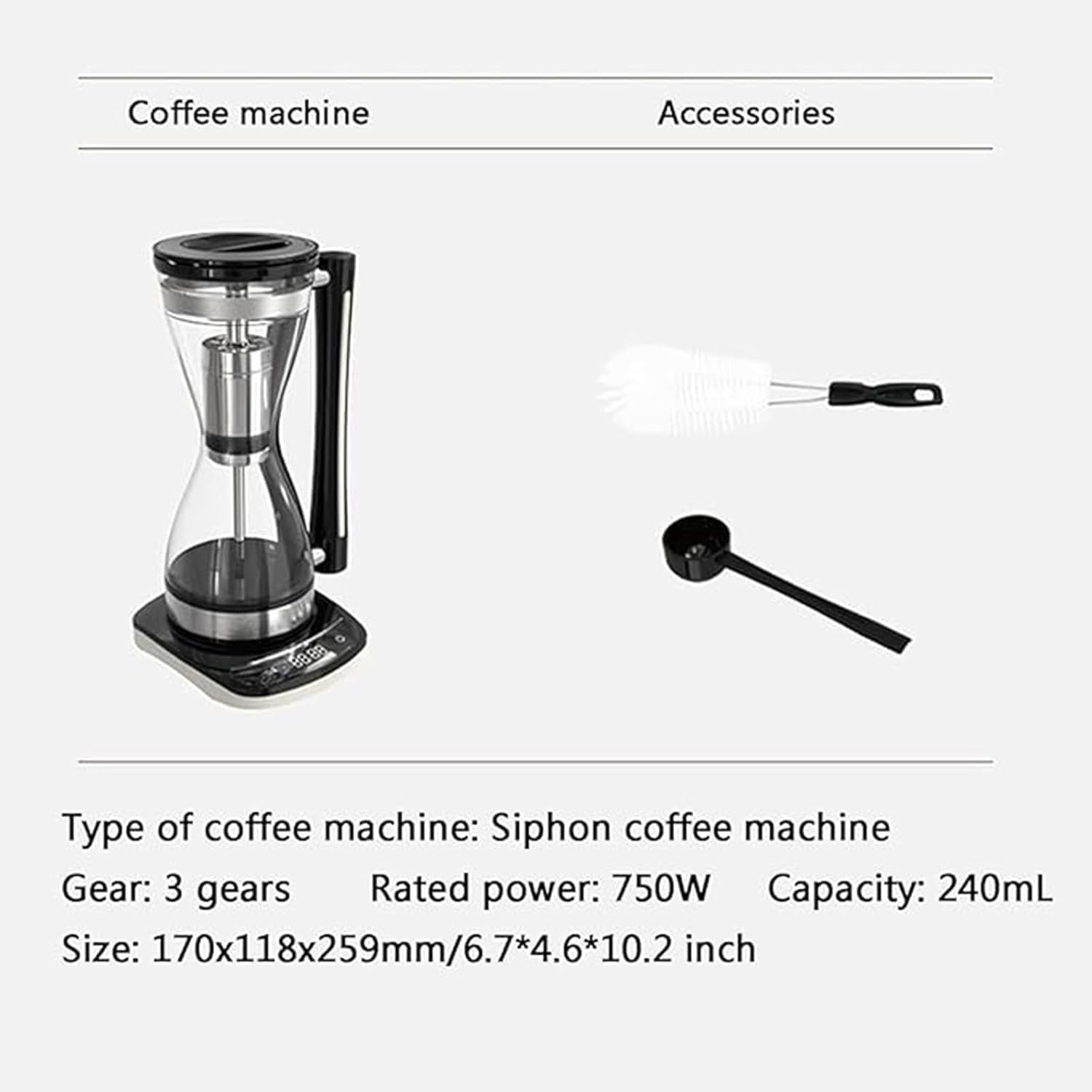 750-W-Glas-Siphon-Kaffeekanne, Elektrische Siphon-Kaffeemaschine, 240 Ml Fassungsvermögen, 3-stufig Einstellbar, Trockengehschutz, Smart Touch, Für Zuhause Und Büro