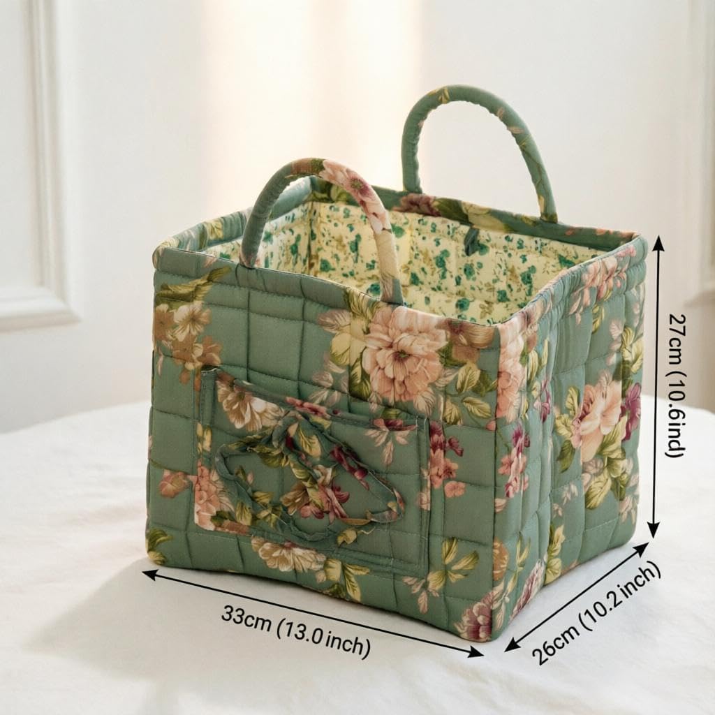 Quilted Basket with Handles, Foldable Quilted Storage Basket, Large Capacity Quilted Laundry Basket with Pocket & Bow, Decorative Organizer for Bedroom, Laundry Room