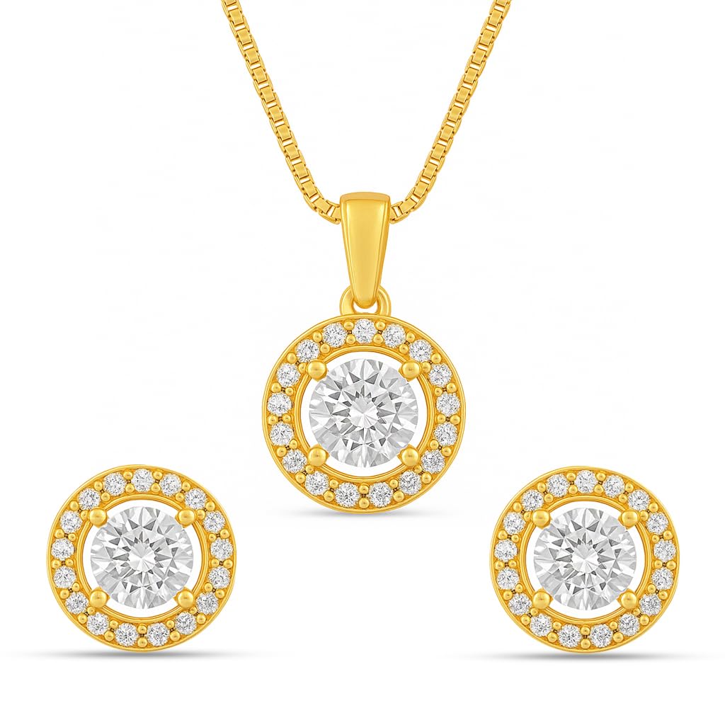 zavya 925 Sterling Silver Jewelry Set Circular Cubic Zircon Solitaire Gold Plated Pendant Chain with Stud Earrings|Gift for Women &Girls|With Authenticity Certificate & 925 Stamp |Women's Day-picture-12