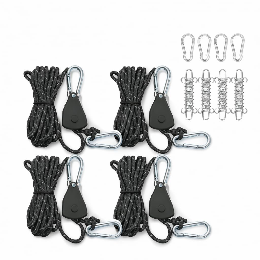 4er Spannseil Set mit Ratsche & Karabiner für Sonnensegel & Camping | Nylonseil mit Stahlhaken & Feder für Camper; ohne Knoten einhängen, spannen, lösen – für Zelt, Fahrrad, Gepäck & Pflanzen