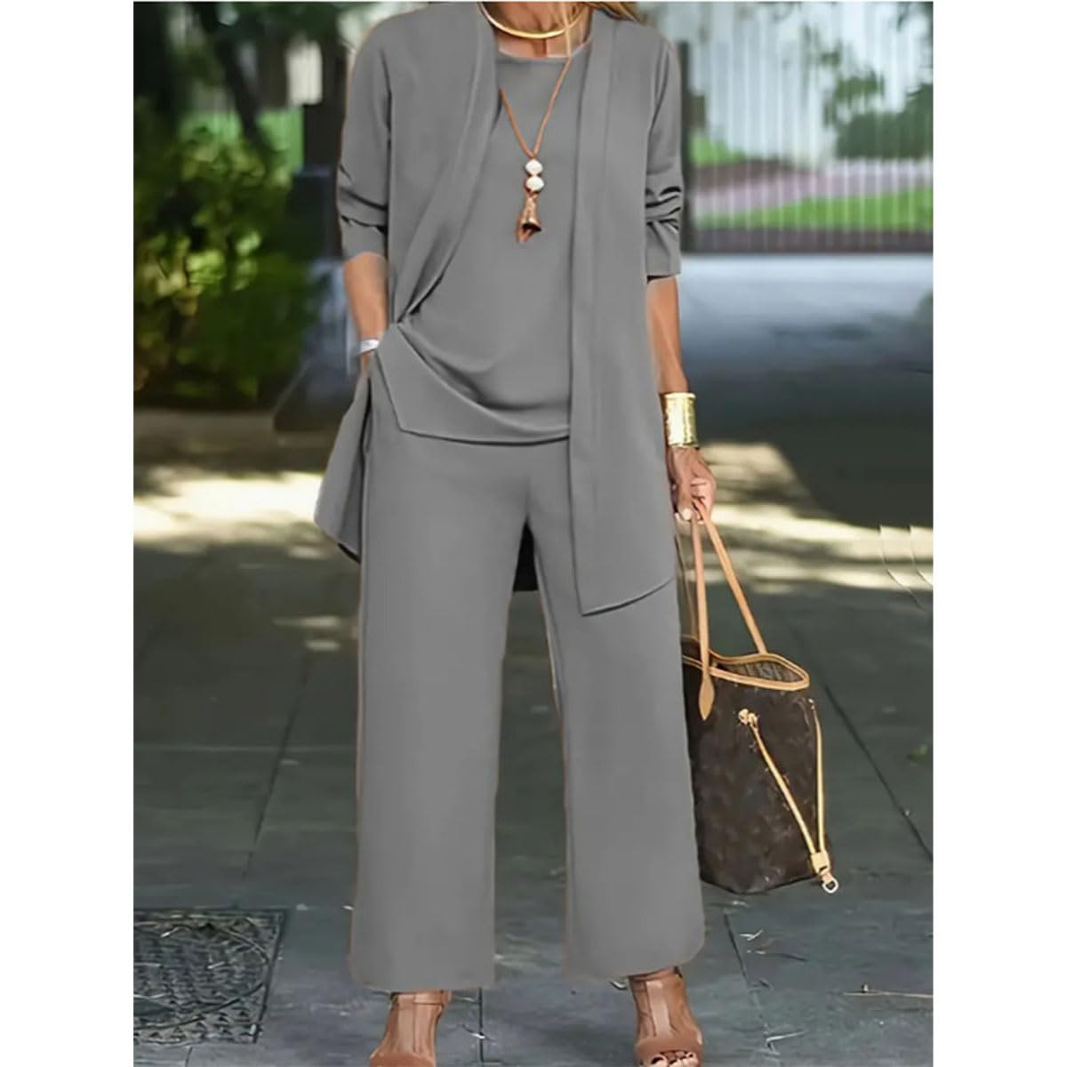 Elegante set da 3 pezzi con cardigan lungo e pantaloni, completo da viaggio per invitati a nozze da donna