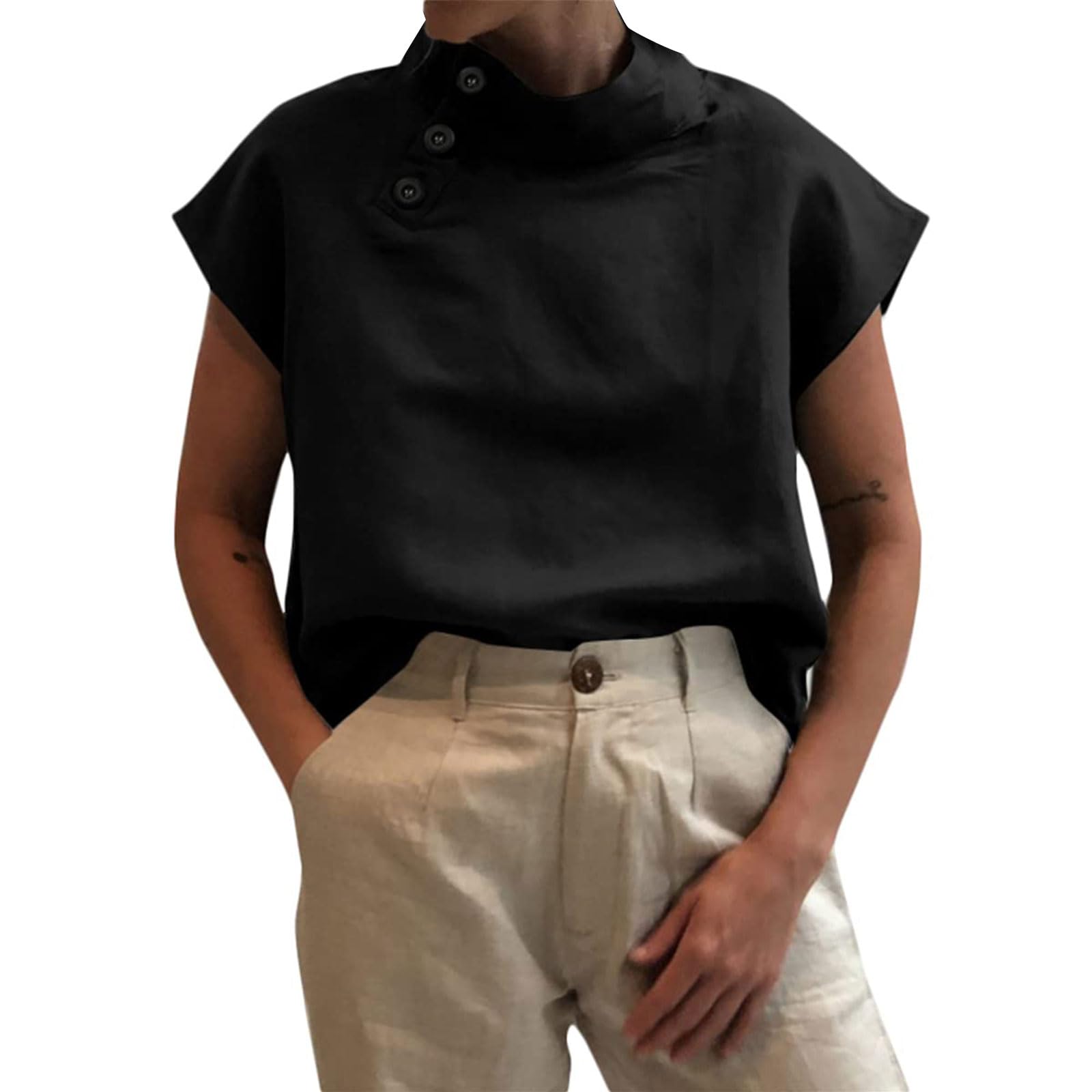 Women's Summer Tops Cap Sleeve Side Button Mock Neck Shirts Dressy Business Work Blouse Casual Loose Trendy Top