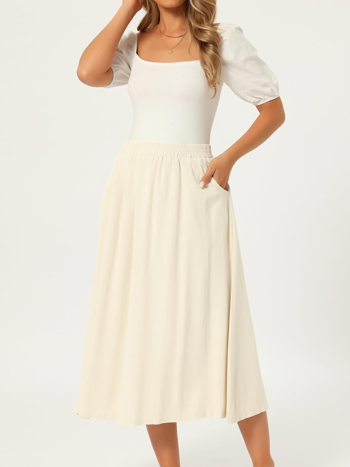 Seta T Women's Linen Skirt Summer Casual Flowy Swing Elastic High Waist A-Line Boho Midi Skirts with Pockets