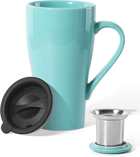 Taza de té con infusor y tapa, taza infusor de té grande de 18 onzas, taza de té de porcelana con colador y tapa de silicona, juego de tazas de té