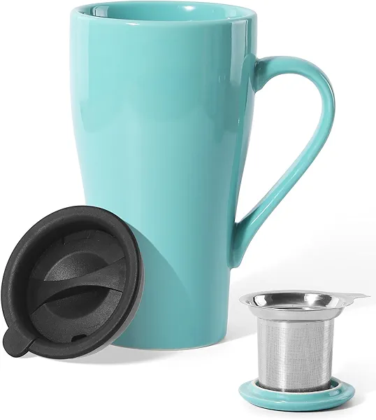 ARRADEN Tea Mug with Infuser and Lid, 18oz Large Tea Infuser Cup, Porcelain Tea Cup with Strainer & Silicone Lid, Tea Mug Set for Birthday, Mother's Day, Father's Day (Mint Green)
