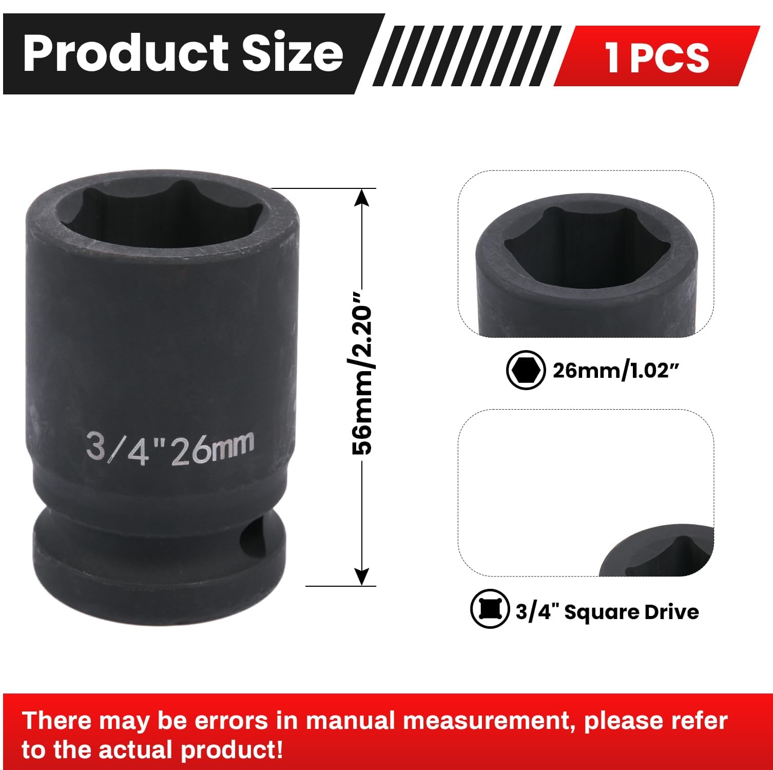 Deep 6-Point Impact Socket 3/4" Drive 26mm,Chrome Molybdenum Steel, Anti-Rust Metric Hex Socket for Car Repairs and Impact Wrench - Image 2