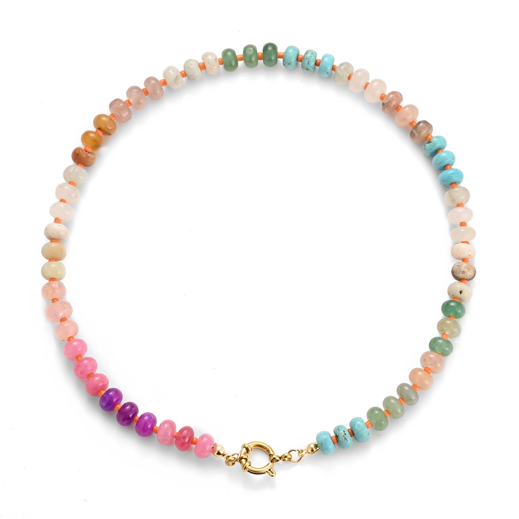 Kofisni Natural Stone Beaded Necklace for Women - Boho Handmade Choker with Colorful Beads, 14K Gold Plated Circular Buckle - Surfer Beach Summer