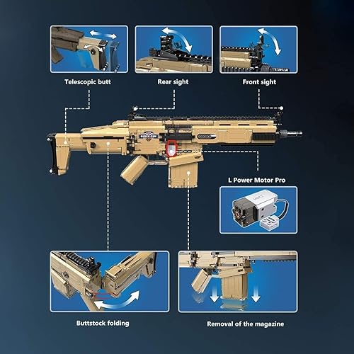 Miniatura 5 de Bloque de construcción de pistola, 1406 piezas cargadas manualmente con motores, kit de construcción de rifle de asalto FN Scar 17S militar