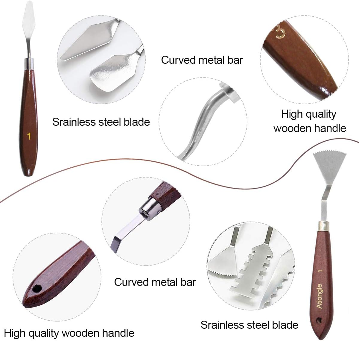 Ationgle Palette Knife 14 Pieces Stainless Steel Spatula Painting Supplies with Wood Handle for Oil Painting, Acrylic Mixing and Texturing
