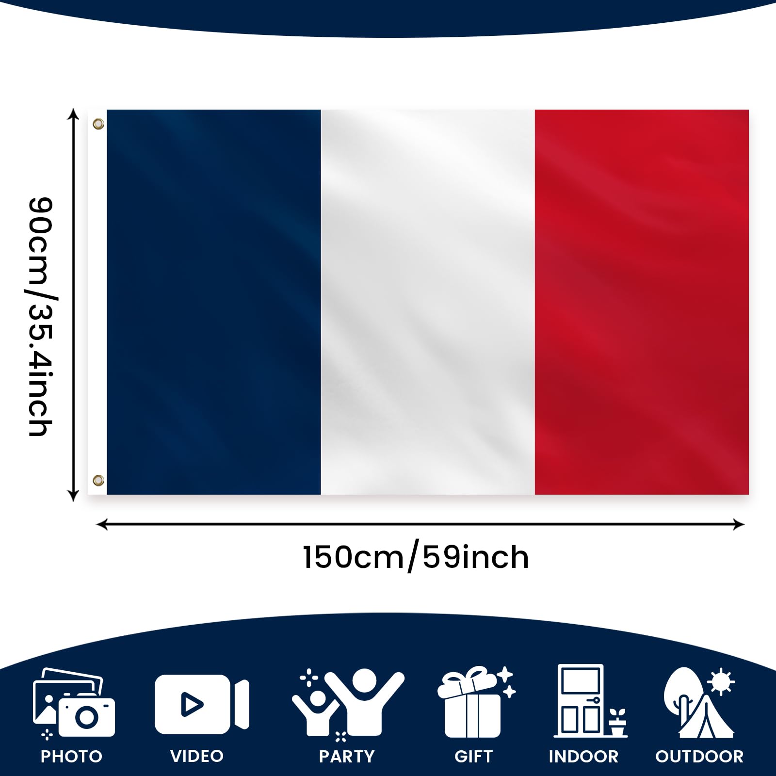 PartyYaa French Flag, 5ft x 3ft France Flag for Party Decorations Single Side with 2 Brass Eyelets, Waterproof - Image 2