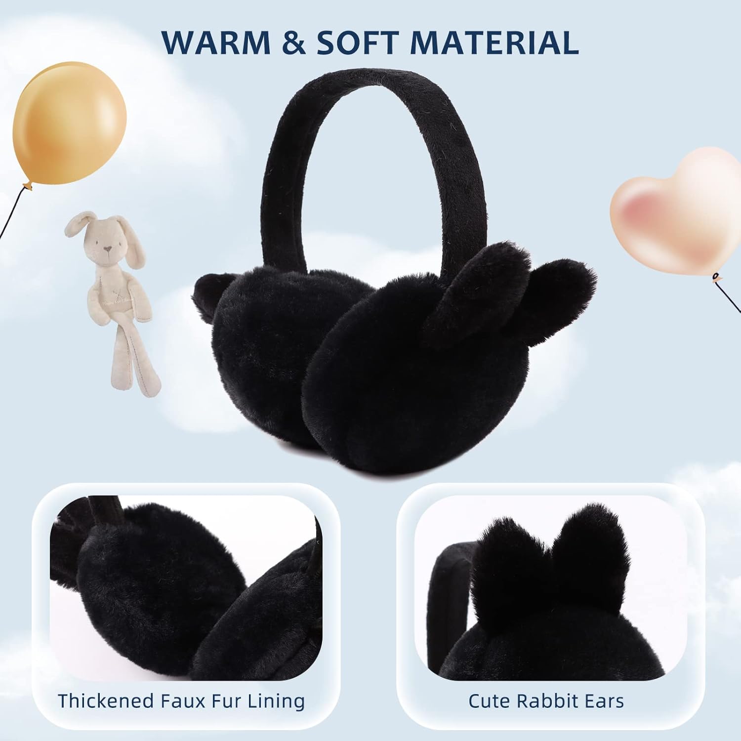 Peecabe Winter Kids Earmuffs Warm Girl Ear Muffs For Toddler Kid Children Earmuff with Cat Ears Girls Ear Warmer (Black Bunny) - Image 3