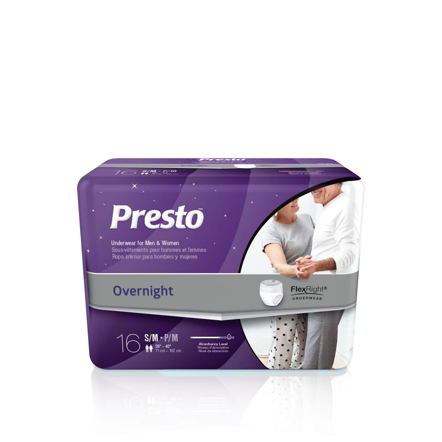 PrestoOvernight Discreet Incontinence Underwear for Women and Men - Soft, Odor-Eliminating, for Longer Day or Nighttime Use, Small/Medium - 64 ct (4 Bags of 16)