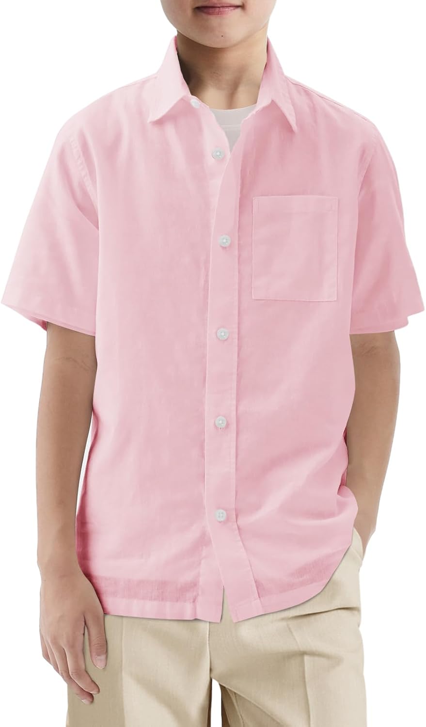 Haloumoning Boys Short Sleeve Button Down Shirt Kids Dress Shirts Formal Uniform Shirt with Pocket 5-14 Years