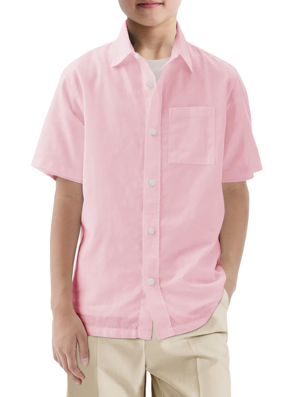 Haloumoning Boys Short Sleeve Dress Shirts Kids School Uniform Button Down Shirt with Chest Pocket 5-14 Years