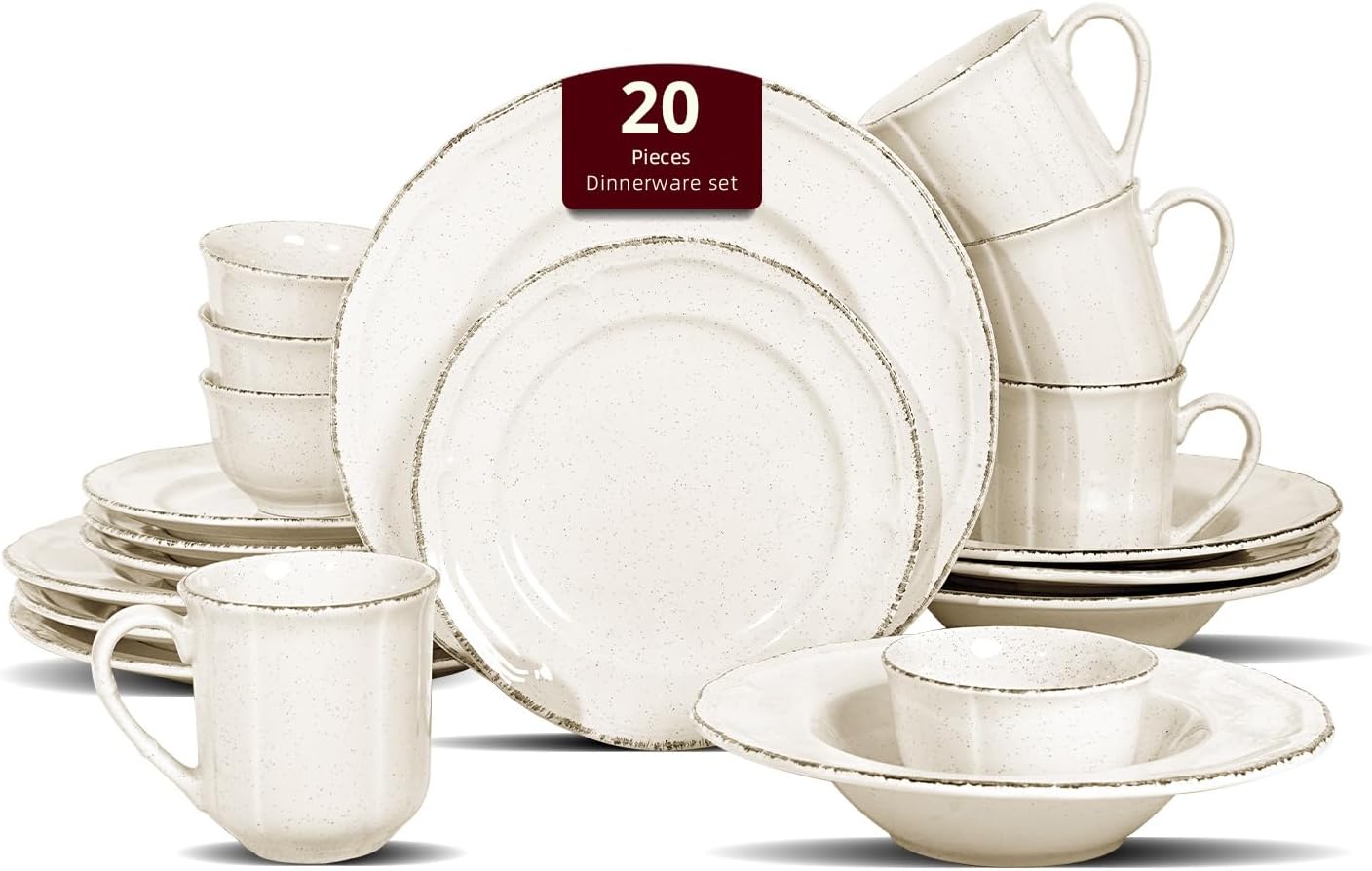 20pc Dinnerware Set, Plate and Bowl Set, Stoneware Dishes Set for 4, Microwave and Dishwahser Safe, Scratch Resistant, French Countryside Speckled Antique Yellow