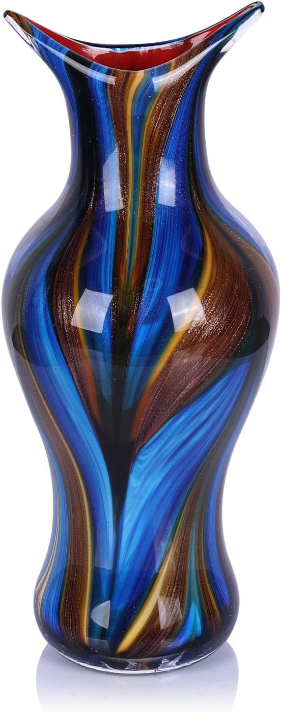 Hand Blown Glass Vase for Flowers, Modern Glass Vases Home Decor, Sculptural Decorative Centerpiece for Table, Living Room, Shelf or Entryway Display Use