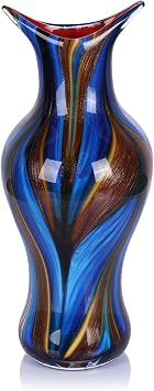Hand Blown Glass Vase for Flowers, Modern Glass Vases Home Decor, Sculptural Decorative Centerpiece for Table, Living Room, Shelf or Entryway Display Use