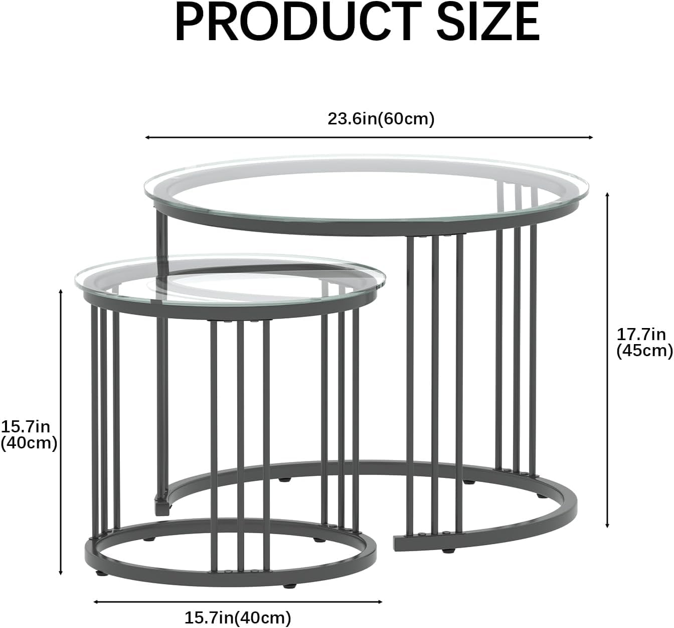 Huhote Set di 2 tavolini rotondi, tavolini impilabili, con struttura in metallo, per soggiorno, camera da letto, balcone, ufficio, appartamento, diametro 60 cm, colore nero con vetro trasparente