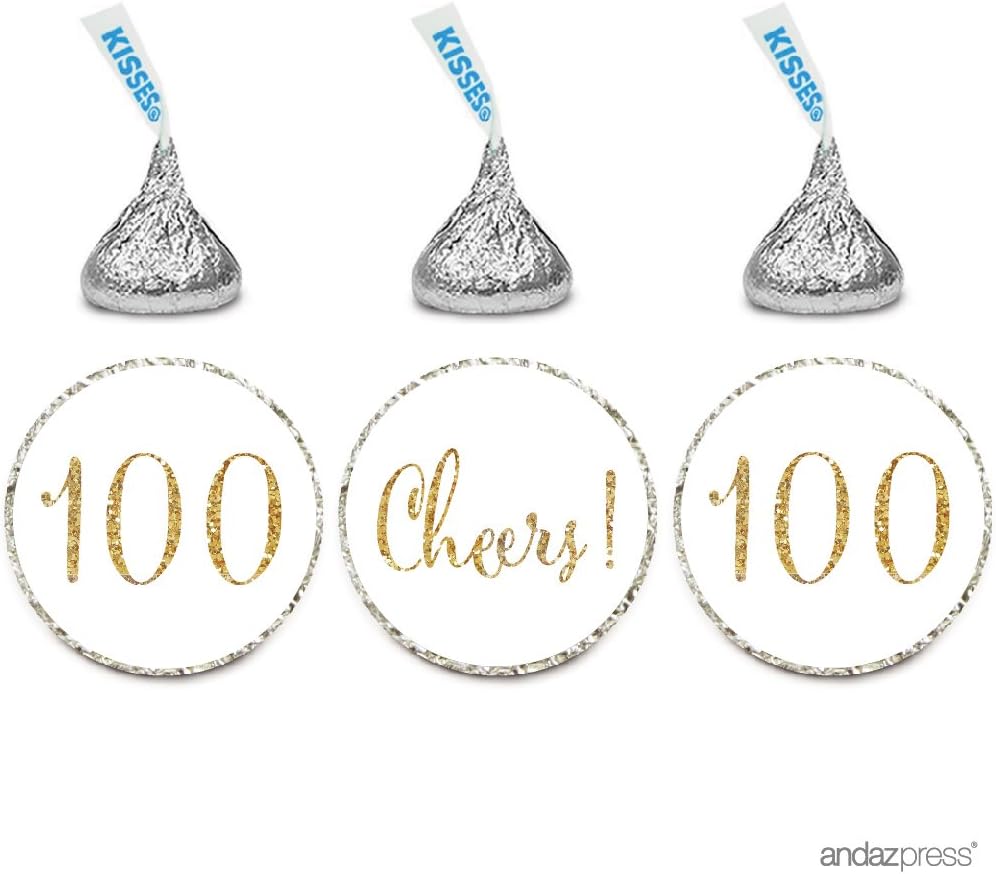 Andaz Press Gold Glitter Print Chocolate Drop Labels Stickers, Cheers 100, Happy 100th Birthday, Anniversary, Reunion, White, 216-Pack, Not Real Glitter, for Kisses Party Favors