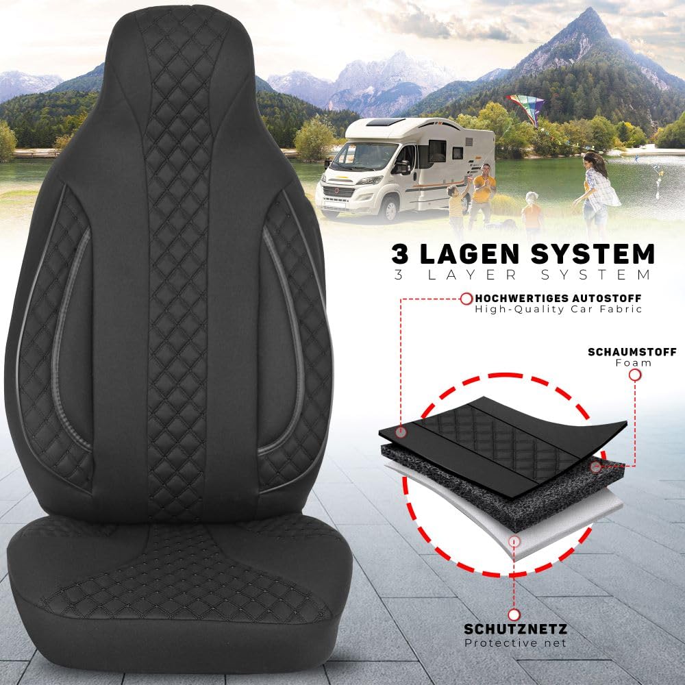 Bremer SITZBEZÜGE WPL404 Housses de Protection pour Camping-Car compatibles avec Fiat Ducato Citroën Jumper Peugeot Boxer en Noir
