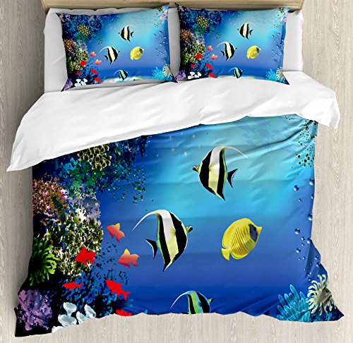 Ambesonne Underwater Duvet Cover Set, Tropical Undersea with Colorful Fishes Swimming in The Ocean Coral Reefs Image, Decorative 3 Piece Bedding Set with 2 Pillow Shams, King Size, Blue Navy