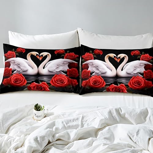 Miniatura 4 de jejeloiu Juego de ropa de cama de cisne, tamaño King, con temática de amor, rosa, para niños, niñas, adolescentes, día de San Valentín, funda de