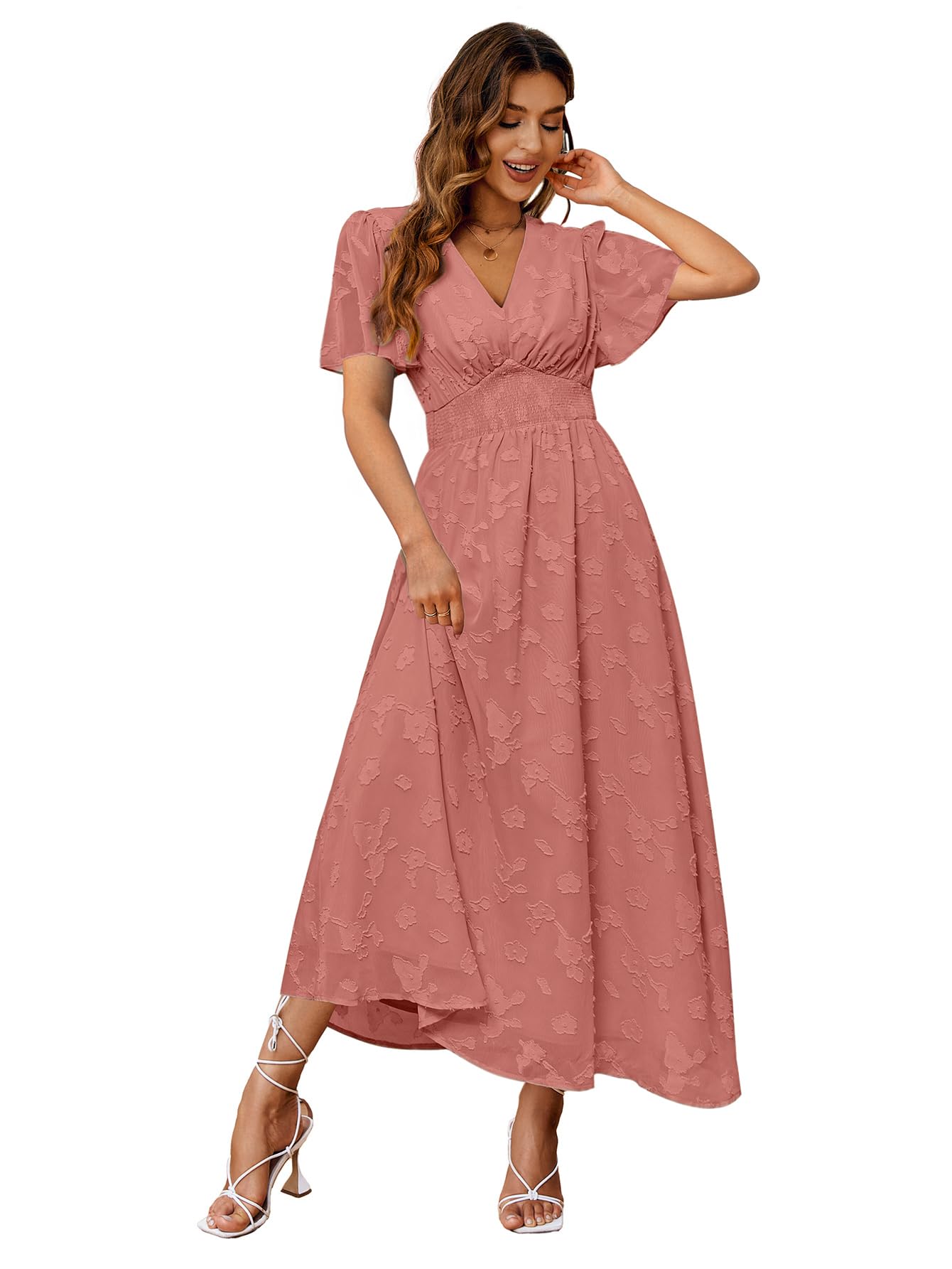 Simplee Women's Boho Floral Maxi Dress Flowy Casual V Neck Short Sleeve Wedding Guest Holiday Beach Long Dress