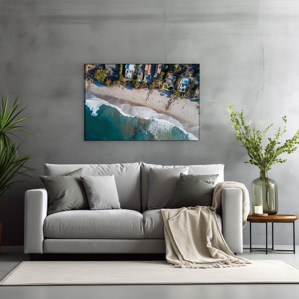 Canvas for Living room. A Seaside Haven Where Waves Embrace the Sandy Shores and Serenity Reigns Supreme, 27 x 18 inch Canvas Wall Art - Seascapes And Ocean - Modern Home Decor
