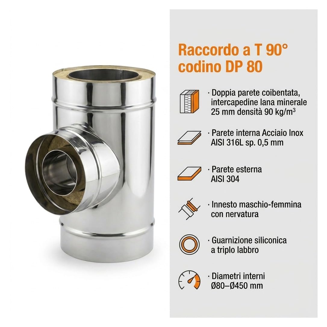 MAKA Raccordo T 90 Codino DP 80 Canna Fumaria Doppia Parete Inox Ø 100 mm