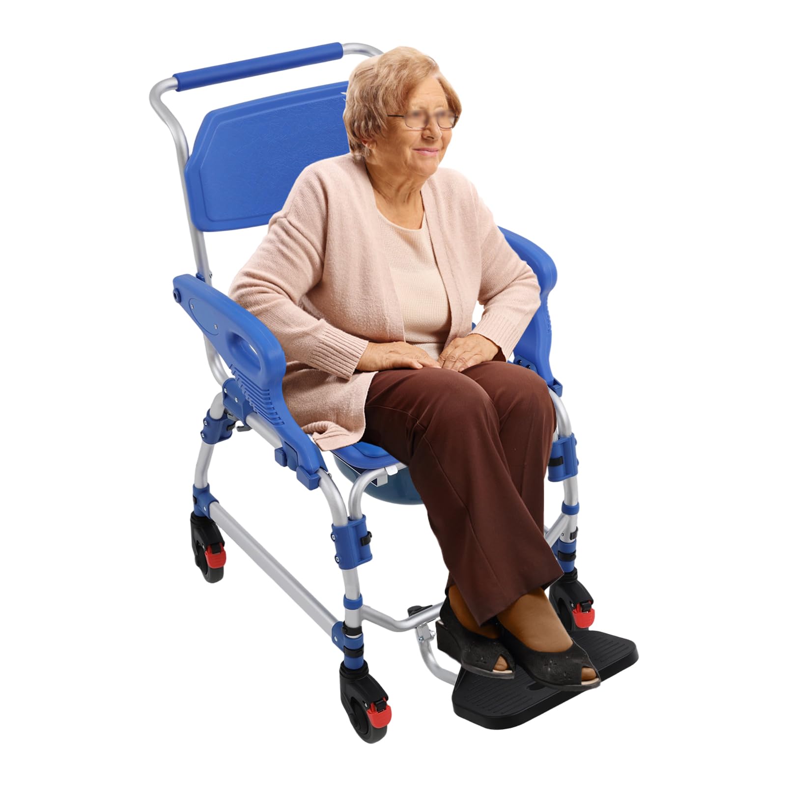 Silla de inodoro con ruedas Silla de ducha móvil para personas mayores, ducha móvil, silla de ruedas con reposabrazos plegables, capacidad de carga de 125 kg, 4 ruedas con frenos, cubo de inodoro
