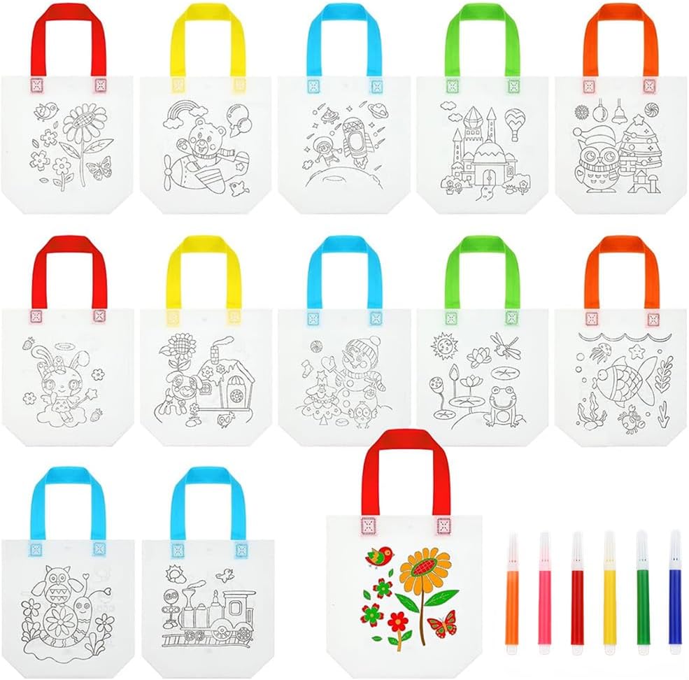 36 Pcs Reusable Canvas Bag Color Your Own Bag Bulk Return Gifts for Kids Birthday Craft Art Party Favors Supplies Goody Girls Boys Valentines Carnival School Activities, 6 Styles Bag+6 colored pens