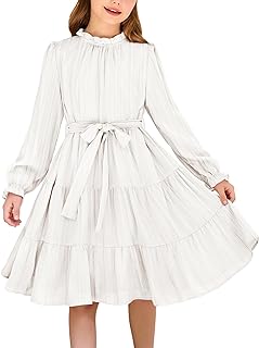 Girls Long Sleeve Dress Tween Fall Formal Party Holiday Midi Tiered Flowy Swing Dresses with Belt 5-13 Y - Buy now