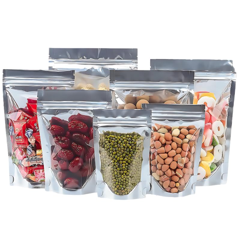 Reusable Zip Lock Stand Up Pouches | Silver & Transparent | Waterproof, Leakproof, Airtight Multi-Purpose Storage with Top Notch | Size: 160mm*240mm | Capacity: 750 Grams | Pack of 20